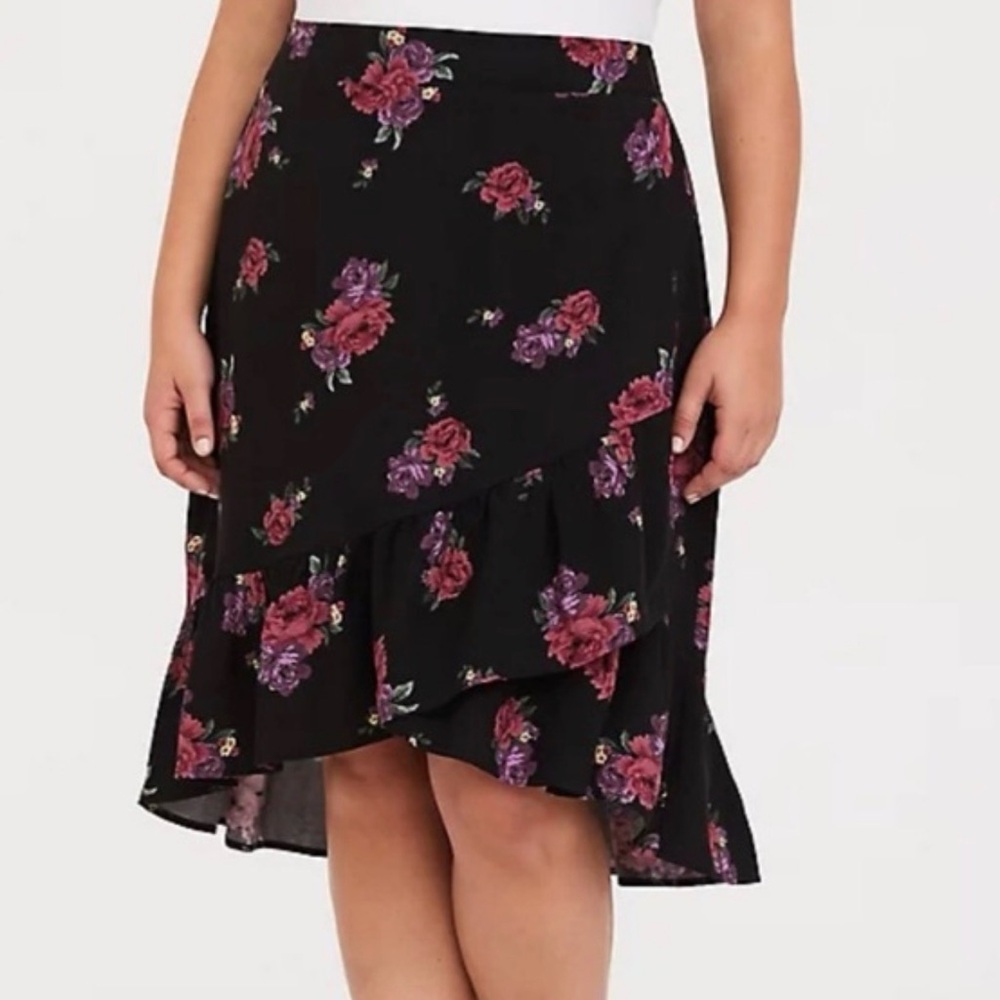 Torrid Black Floral Midi Challis Faux Wrap Floral Black Skirt 1X